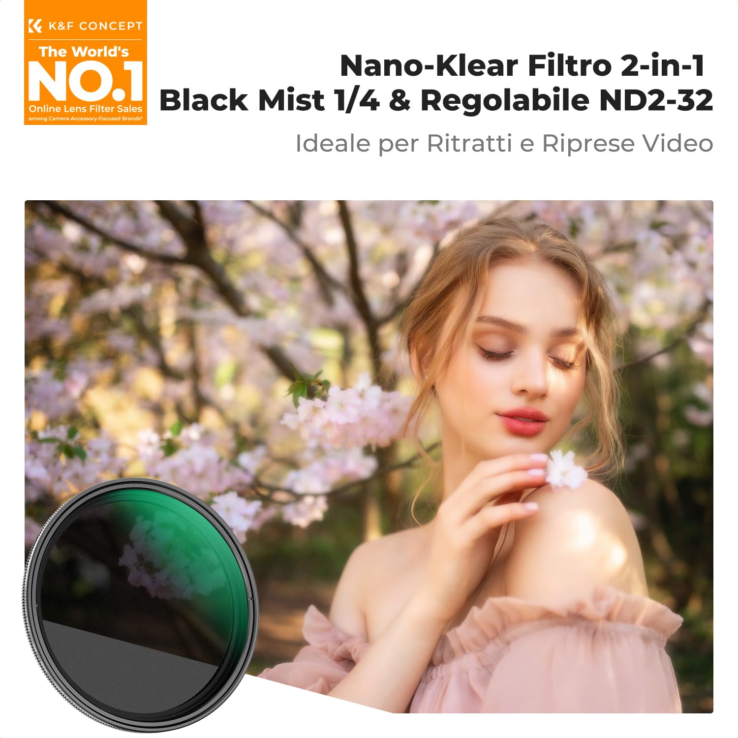 K&F CONCEPT 2 In 1 Filtro Black-Mist 1/4 & Variabile ND2-32 (5 Stop), 77mm Filtro Black Diffusion 1/4 & Densità Neutra ND in Vetro Ottico, Nano Rivestimento con 3Pcs Panno di Pulizia (Nano-K Serie)
