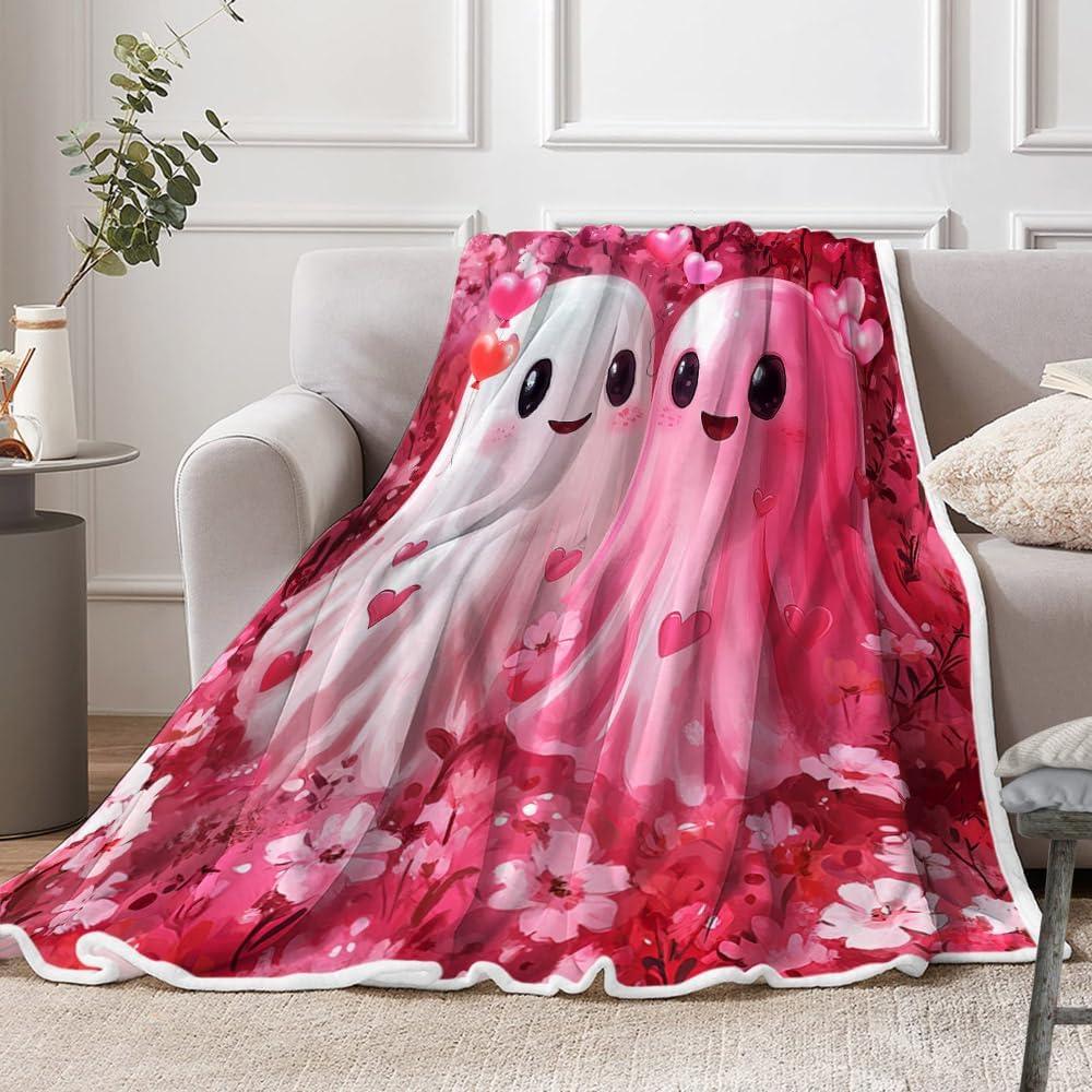 Valentine's Day Throw Blanket Cute Sweet Ghost Couple Flannel Fleece Bed Blankets with Red Hearts Balloons Decoration Pattern Holiday Beding Decorations Warm Throw for Bedroom/Living Rooms/Sofa