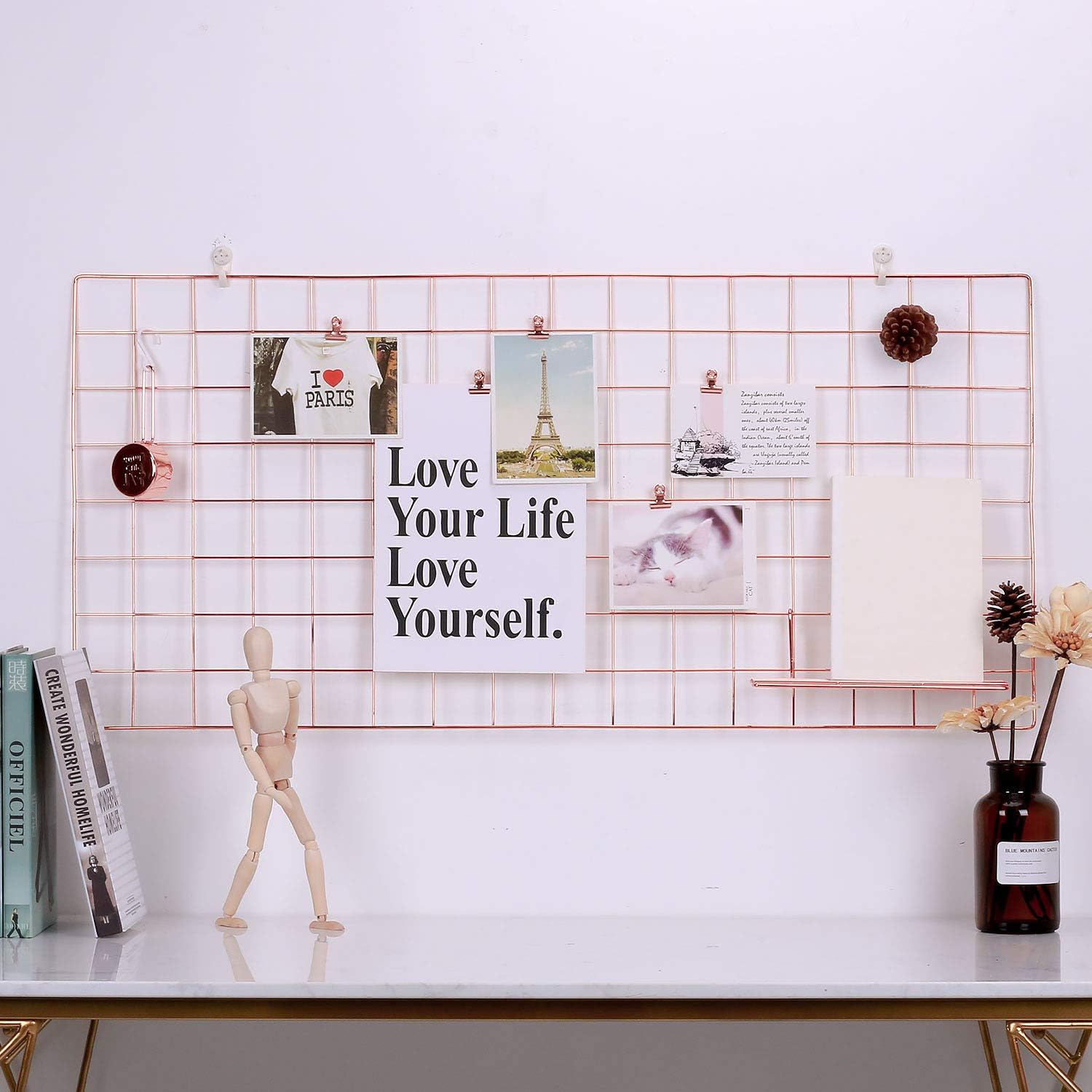 Simmer Stone Rose Gold Wall Grid Panel for Photo Hanging Display & Wall Decoration Organizer, Multi-Functional Wall Storage Display Grid, 5 Clips & 4 Nails Offered, Set of 1, Size 17.7"x37.4"