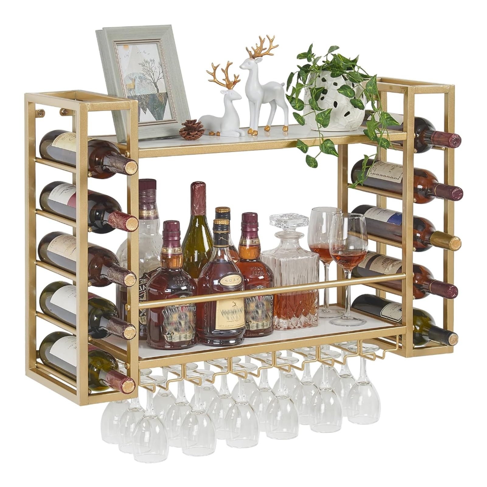 Étagère à vin murale en métal doré avec 2 niveaux et support verres flottant