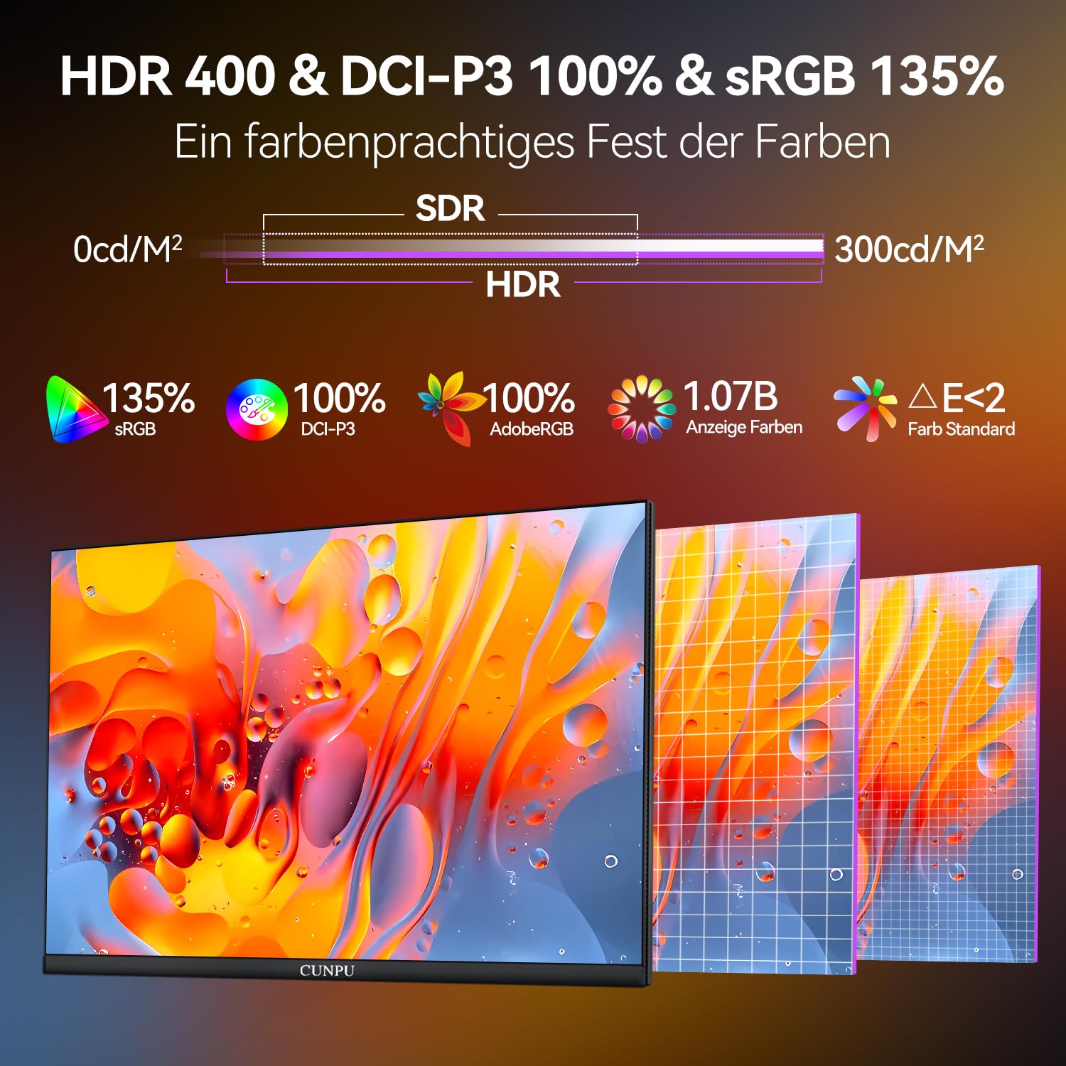 CUNPU 27 Zoll 4K Monitor 160Hz, 100% DCI-P3 100% AdobeRGB,1ms Fast IPS, HDR400, Höhenverstellbar, 135% sRGB, 100% AdobeRGB & DCI-P3, 2X HDMI 2.1 & 2X DP 1.4, DeltaE<2, Augenfreundlich