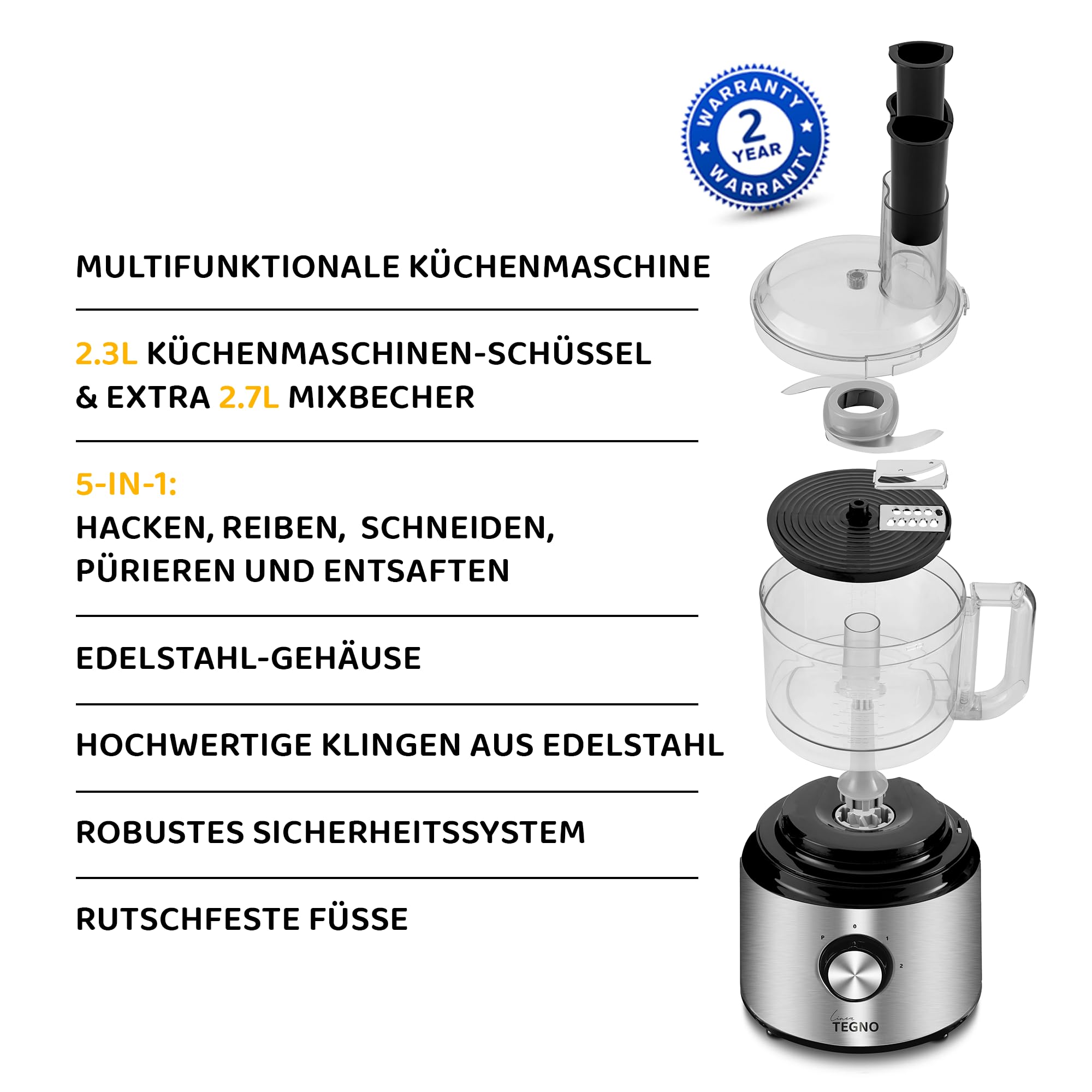 Food Processor - Linea Tegno – Multifunktionale 5-in-1 Küchenmaschine aus Edelstahl – Zum Hacken, Raspeln, Schneiden & Mixen – 2,3L Schüssel & 2,7L Standmixer, Zitruspresse – BPA-frei
