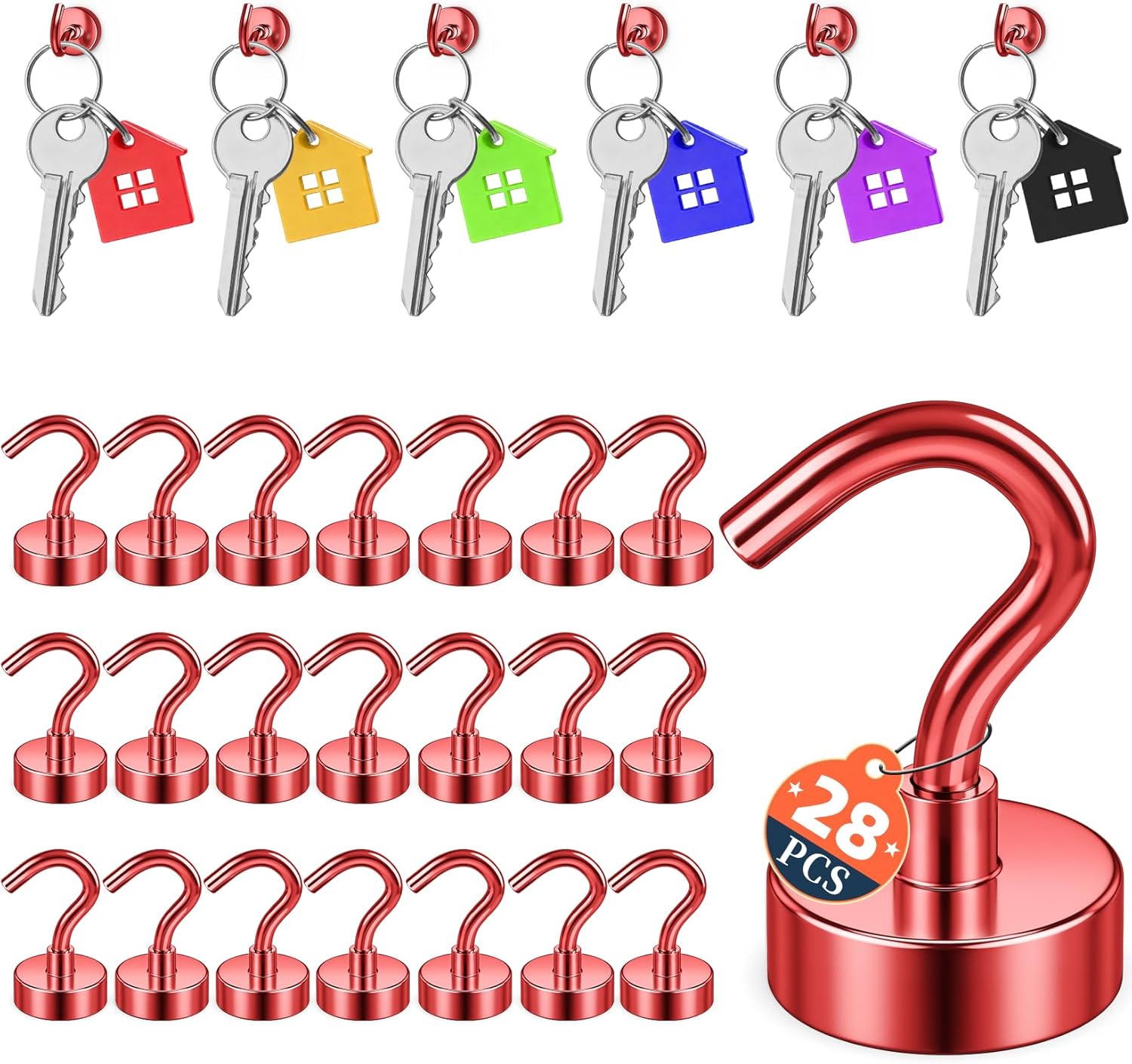 FINDMAG 28 Pack Cruise Magnetic Hooks, 30lbs Heavy Duty Magnets with Hooks for Hanging, Magnetic Key Holder for Fridge, Classroom Organization, Camper Accessories, Household Essentials (Red)