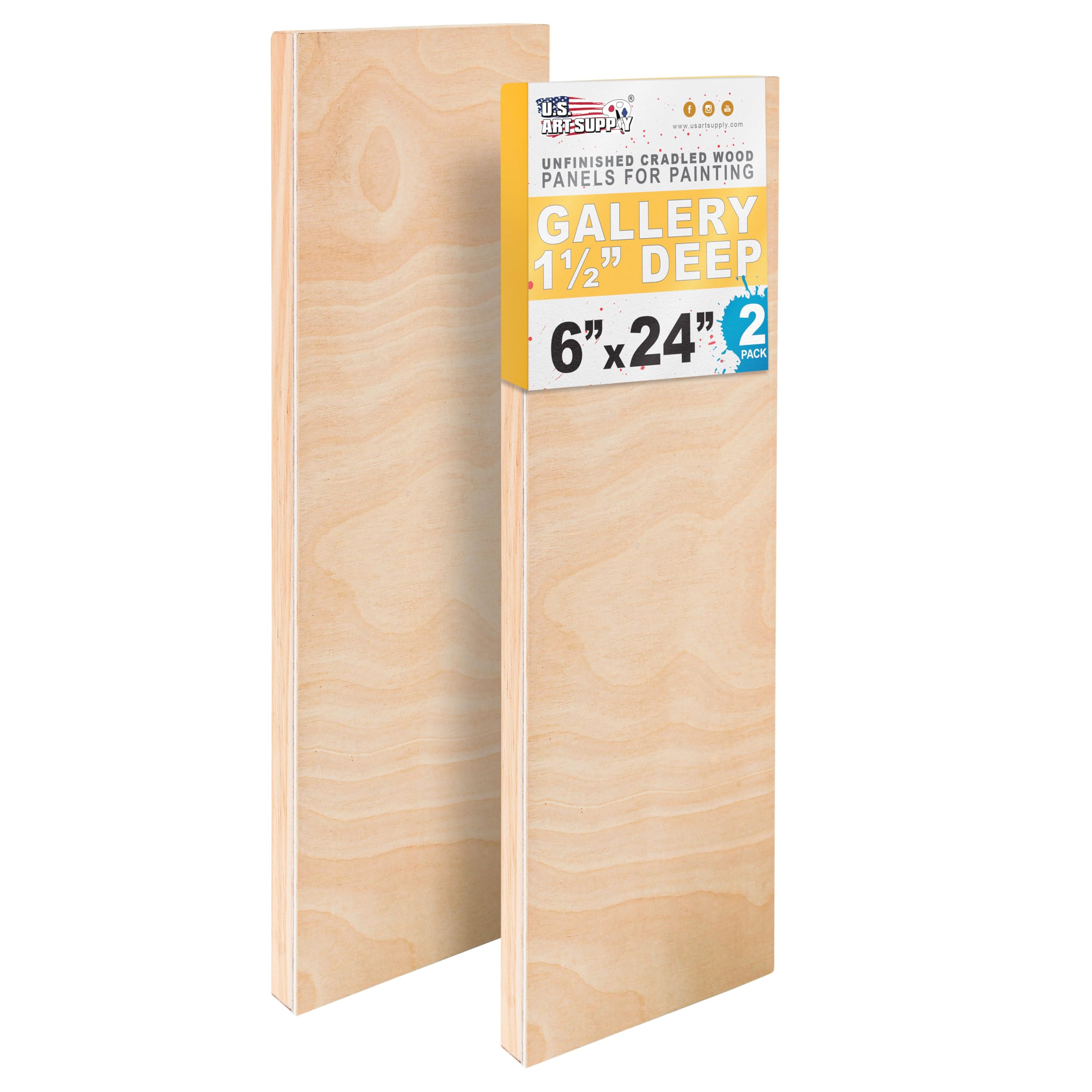 U.S. Art Supply 6" x 24" Unfinished Cradled Wood Panels for Painting, Gallery 1-1/2" Deep (2 Pack) - Artist Depth Wooden Wall Canvases - Mixed-Media Craft, Acrylic, Oil, Encaustic, Paint Pouring