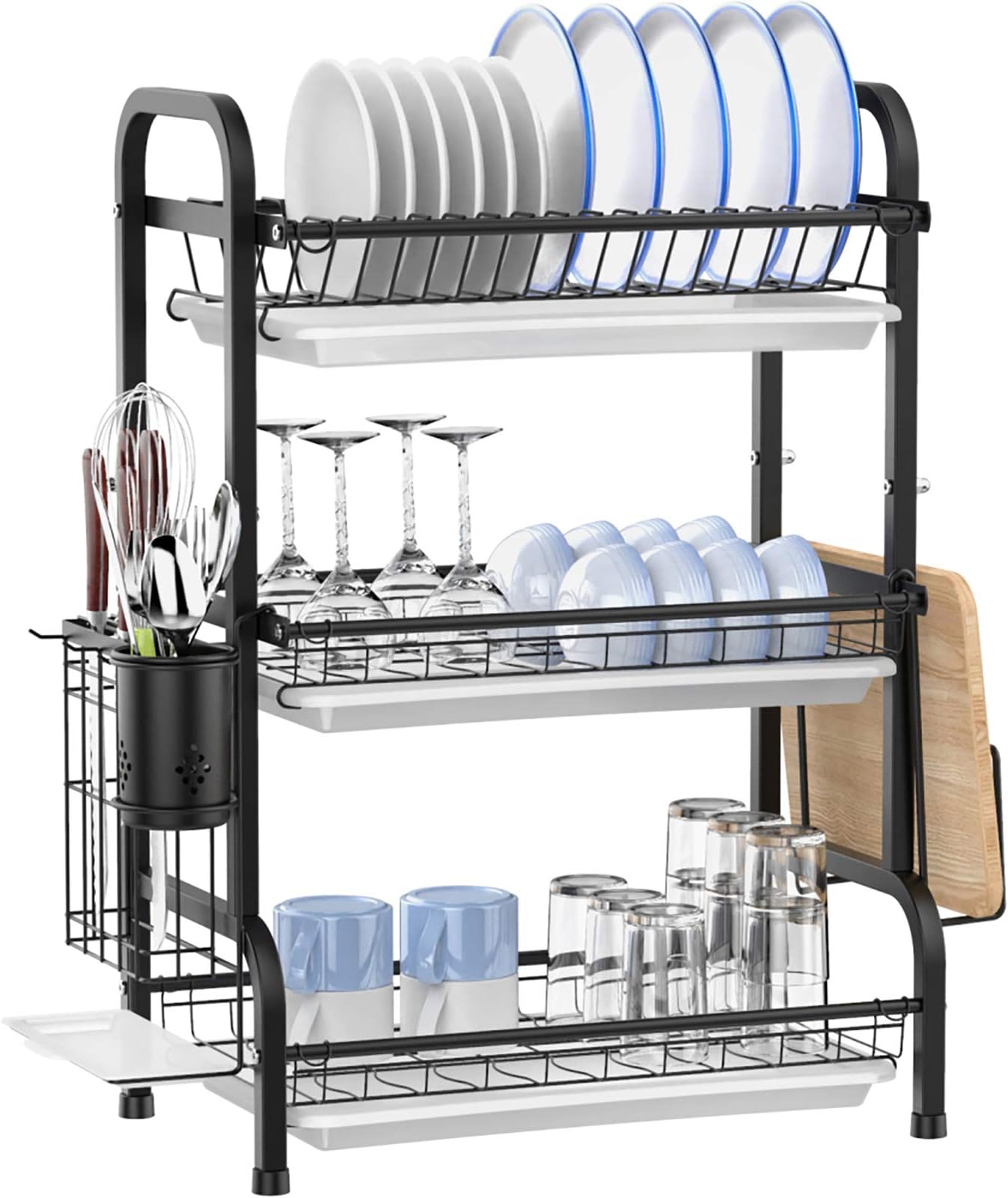 Dish Drying Rack, Ace Teah 3 Tier Dish Drainer, Stainless Steel Dish Rack with Drain Boards and Utensil Holder for Kitchen Counter, Black
