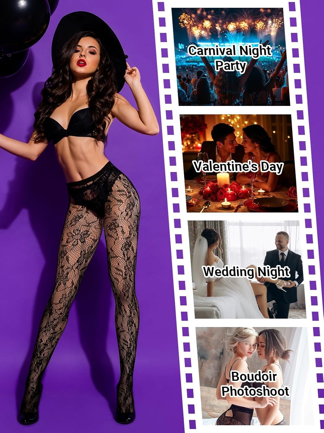 3 Pairs Black Stars Floral Tight Legging Lace Patterned Fishnet Tights Small Hole High Pantyhose Waist for Halloween - Image 5