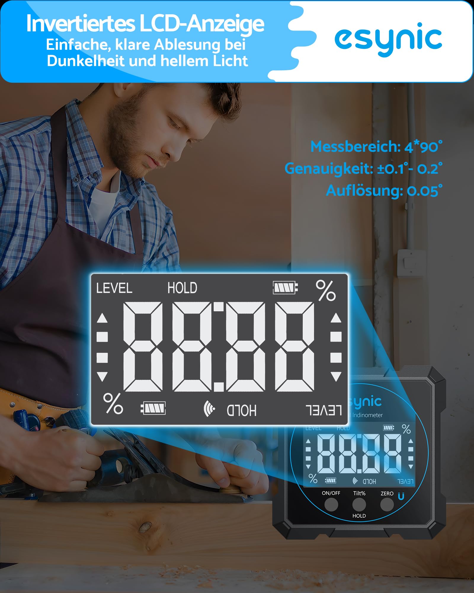 eSynic Digitaler Neigungsmesser mit 4-seitigen Magneten Wasserwaage mit LCD Display wiederaufladbar, Aluminiumgehäuse IP54 wasserdicht, für Tischkreissägen, Holzarbeiten und Bauprojekte