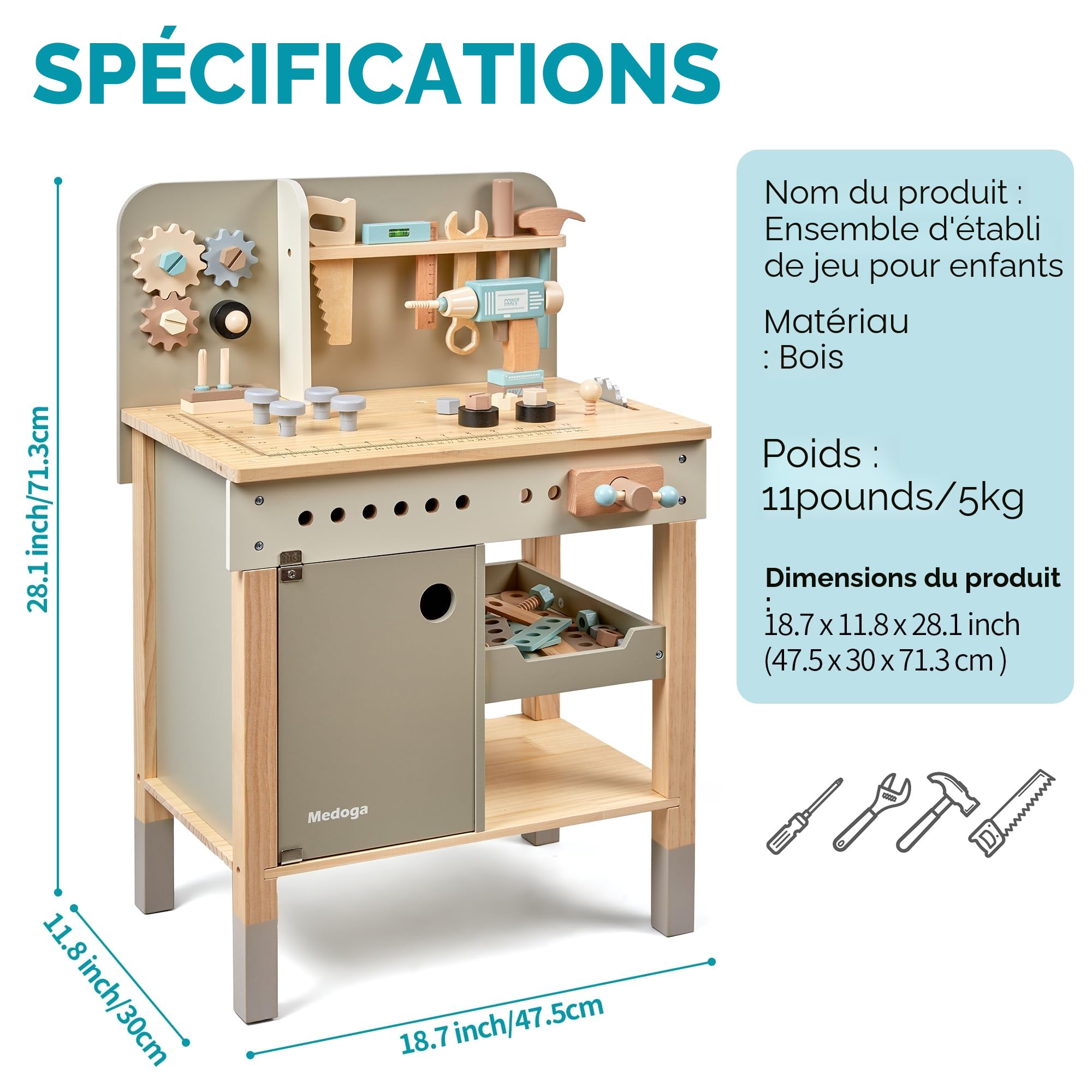 Banc à Outils pour Enfants en Bois avec Ceinture, Établi de Travail pour Tout-Petits, Ensemble de Construction, Jouet en Bois, Cadeau