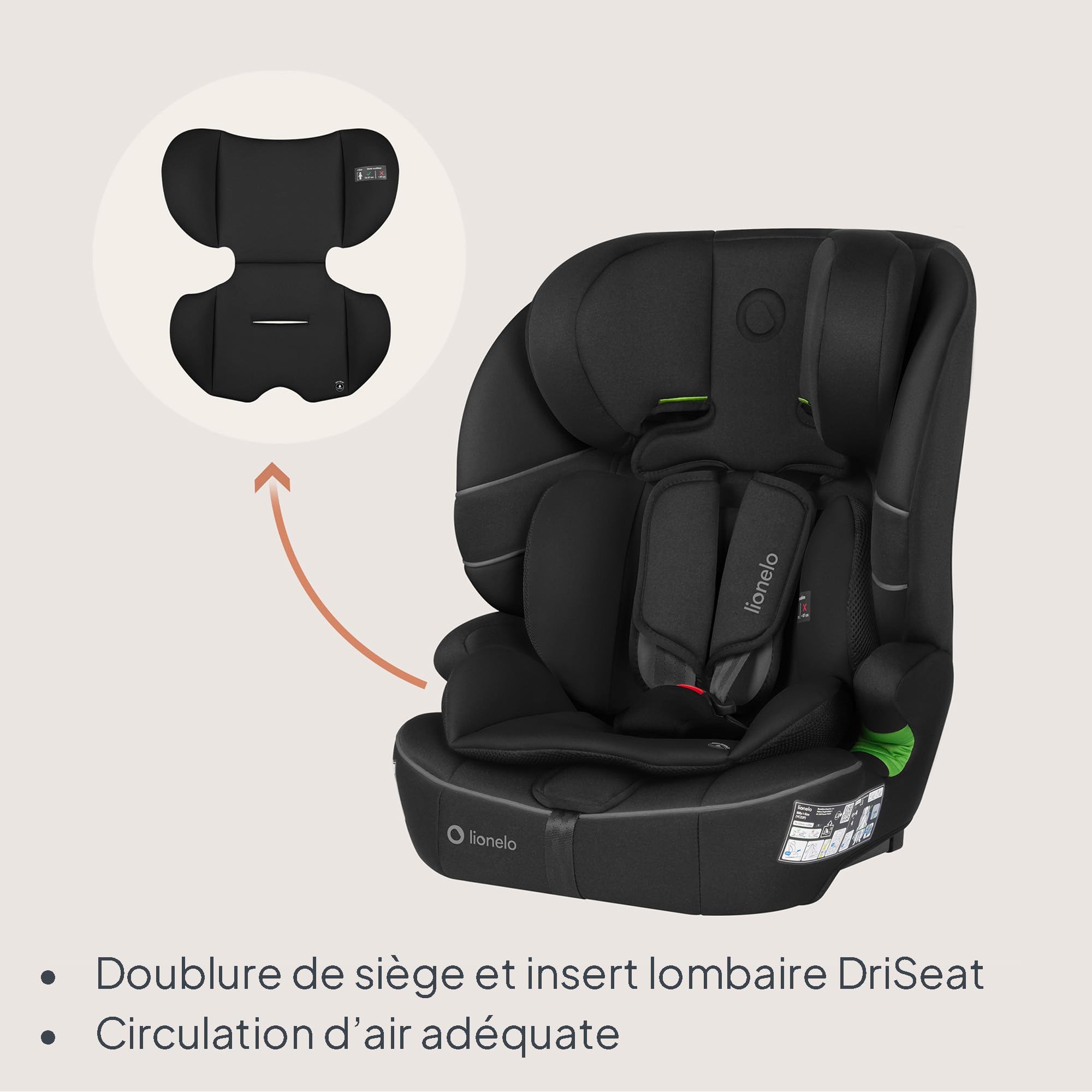 LIONELO LO-BILLY I-SIZE Siège Auto Bébé, 76 à 150 cm De 15 mois à 12 ans environ, Installation ISOFIX ou Ceinture de Voiture, Appui-Tête Réglable, Protection Latérale Norme R129 (Black)