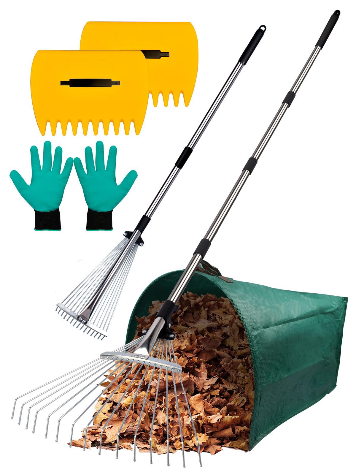 Adjustable Metal Leaf Rake Set Garden Rake for Leaves Long Handle 37"-63" Expandable Head Gardening Tools Set Includes 44 Gallon Bag &amp; Scoop &amp; Gloves Rakes for Lawns Heavy Duty for Yard Lawn Garden