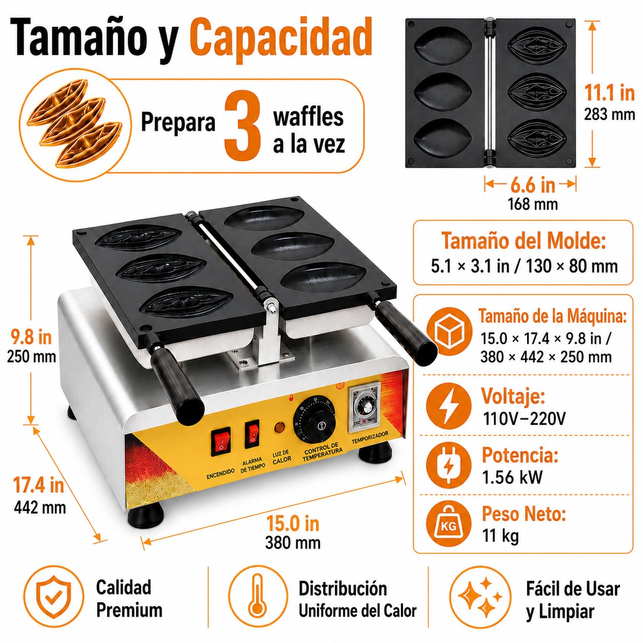 Gofrera Profesional 3 Moldes Diseño Creativo 1,56 kW | Control de temperatura regulable，Temporizador integrado，Calentamiento uniforme，Panel frontal sencillo