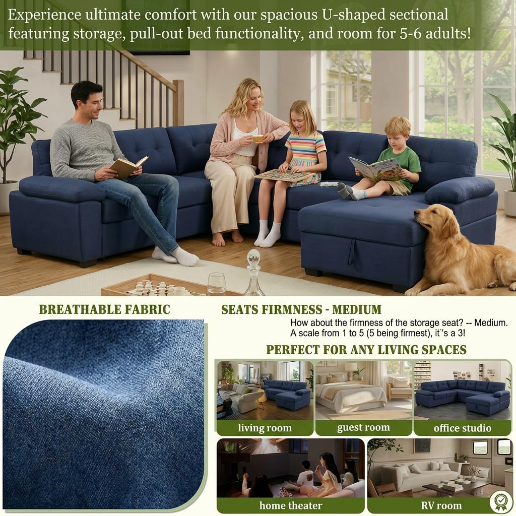 asunflower Sleeper Sofa U Shaped Pull Out Couch with Storage Chaise 118" Oversized Sofa Bed Couch for Living Room Navy Blue 6 Seater Modular Sleeper Sectional