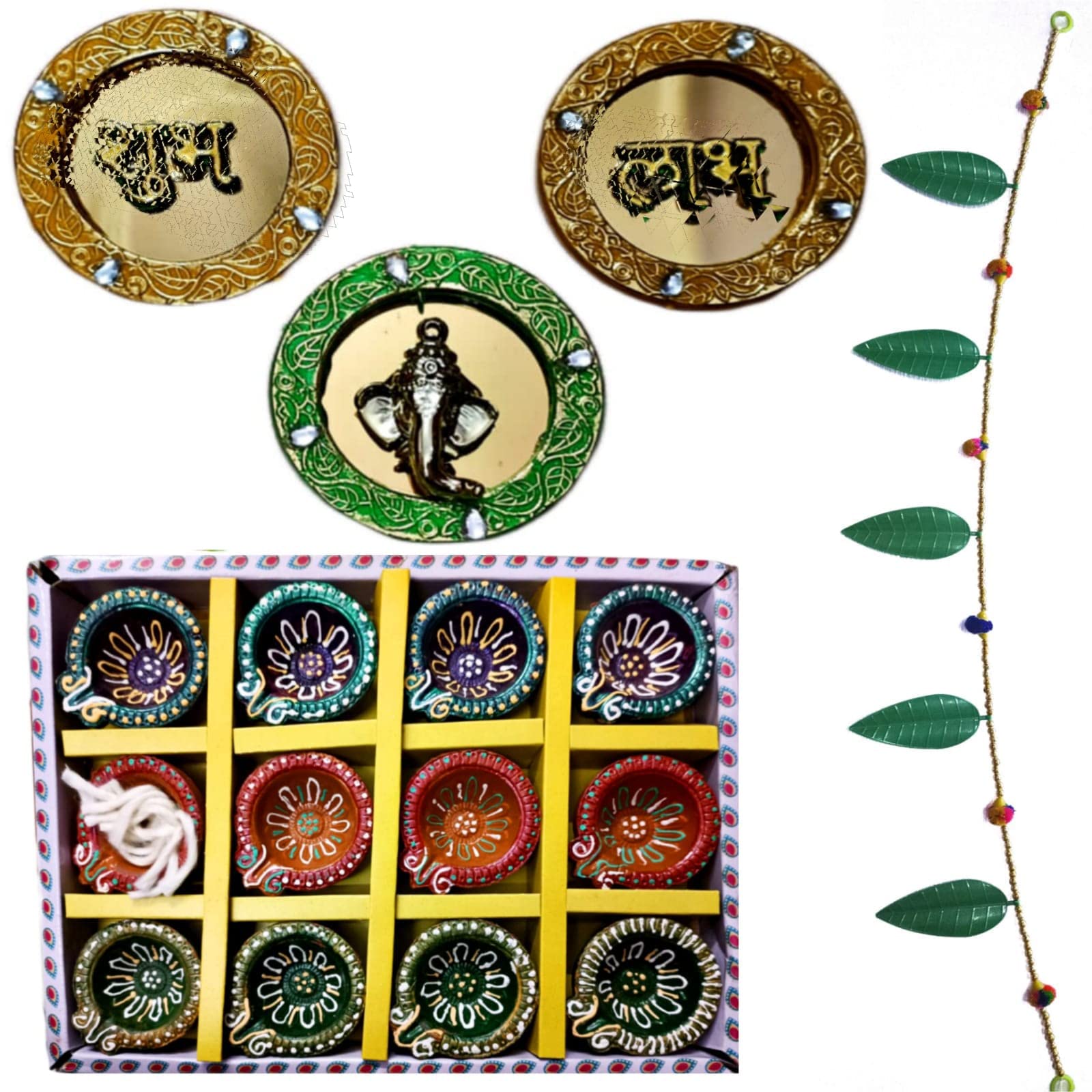 Lalji Creations Diwali Combo Diya for Puja-12 | Beautiful Work Stickers of Subh Labh and Ganesh ji with Leaf Toran Decorative | Diwali Gift Decorative Multicolor Complete Combo for Home and Office