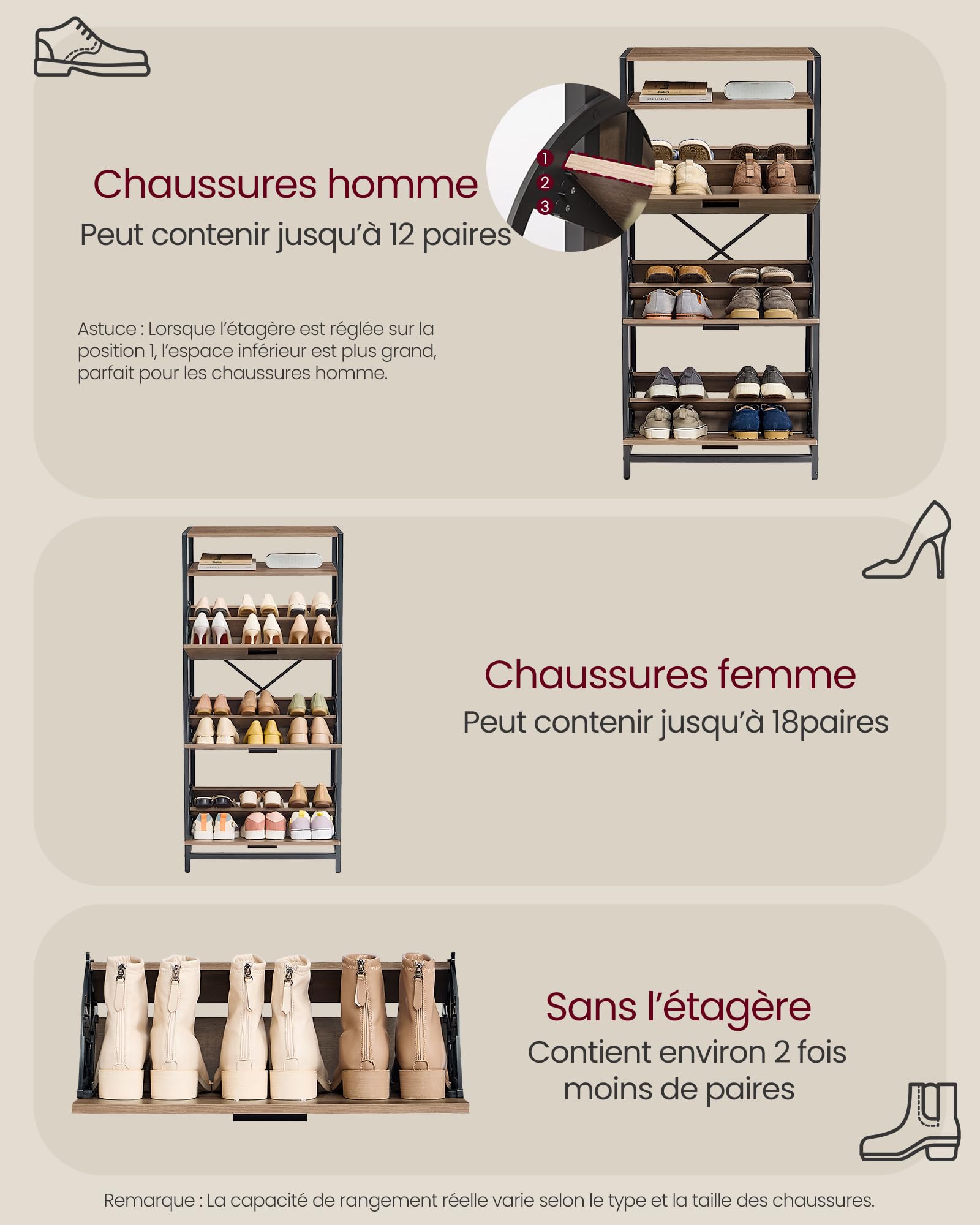 VASAGLE Meuble à Chaussures, Porte-Chaussures Fin, Meuble de Rangement à 3 Abattants, pour 12-18 Paires, Anti-poussière, 30 x 60 x 130 cm, pour Entrée, Marron Camel et Noir d'encre LBS101B01