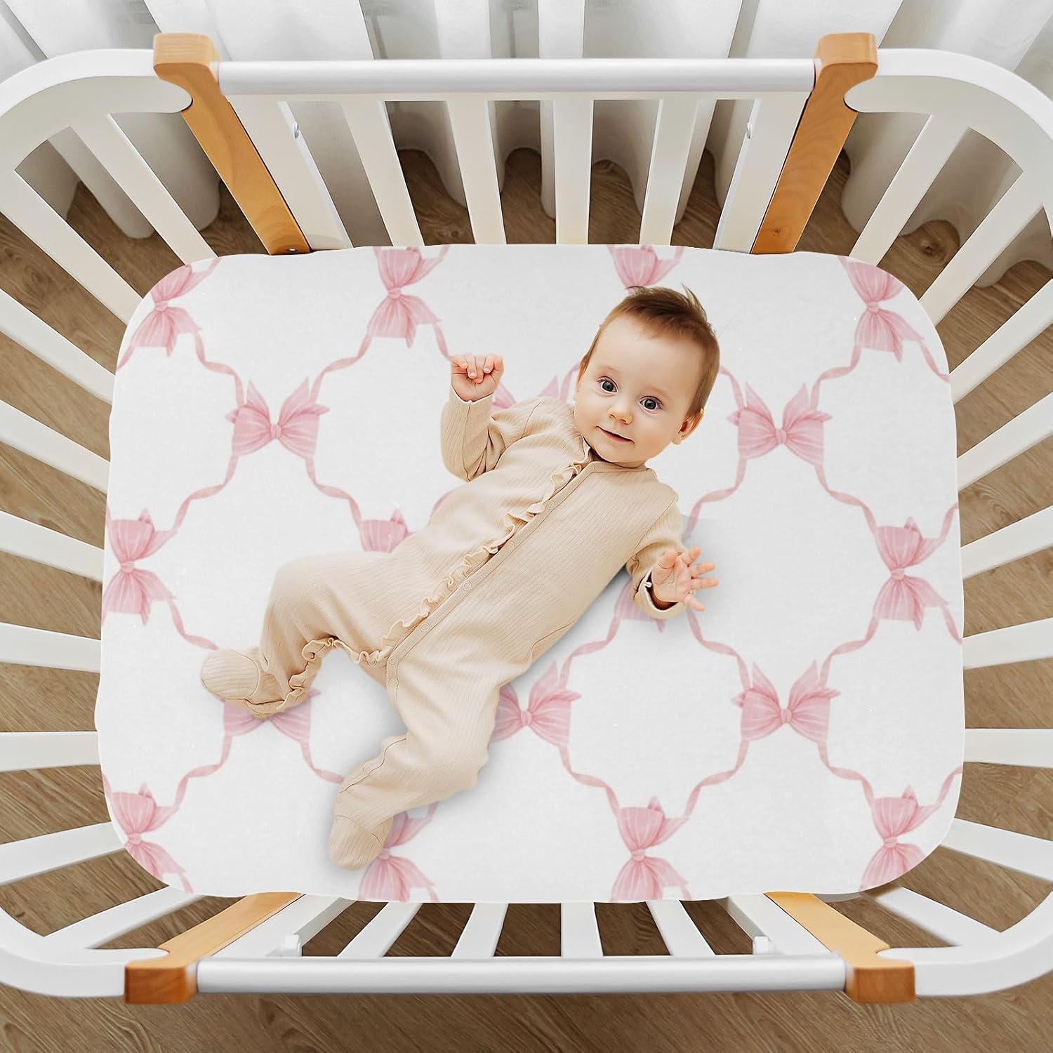 Trellis Bow Pink Checkered Fitted Crib Sheets Stretchy Portable Playard Sheets for Baby Toddler, Breathable Soft Mini Crib Mattress 52 x 28 in for Boys and Girls
