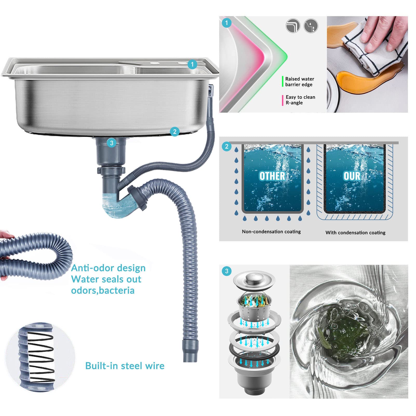 Mobile Lavabo Esterno Balcone Lavello in acciaio inox Freestanding lavandino da esterno Sink 1 vasca con rubinetto lavare bacino a mano per Garage Lavanderia