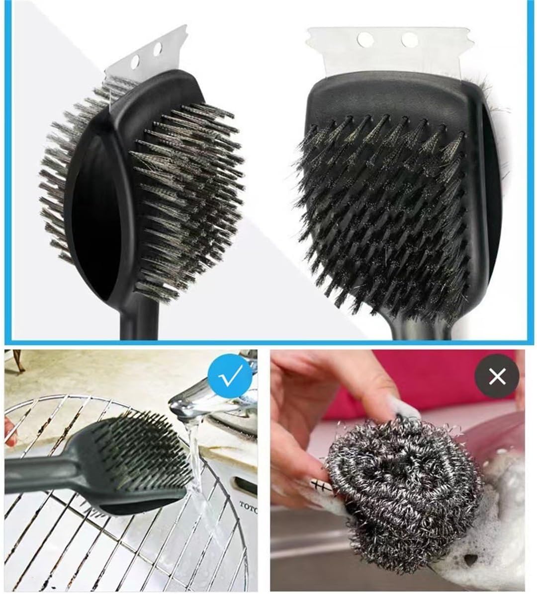 Dual-Sided Grill Cleaning Brush with Scraper, Heavy-Duty Stainless Steel BBQ Brush with Long Handle, 3-in-1 Wire Bristle Cleaner for Gas, Charcoal & All Grills
