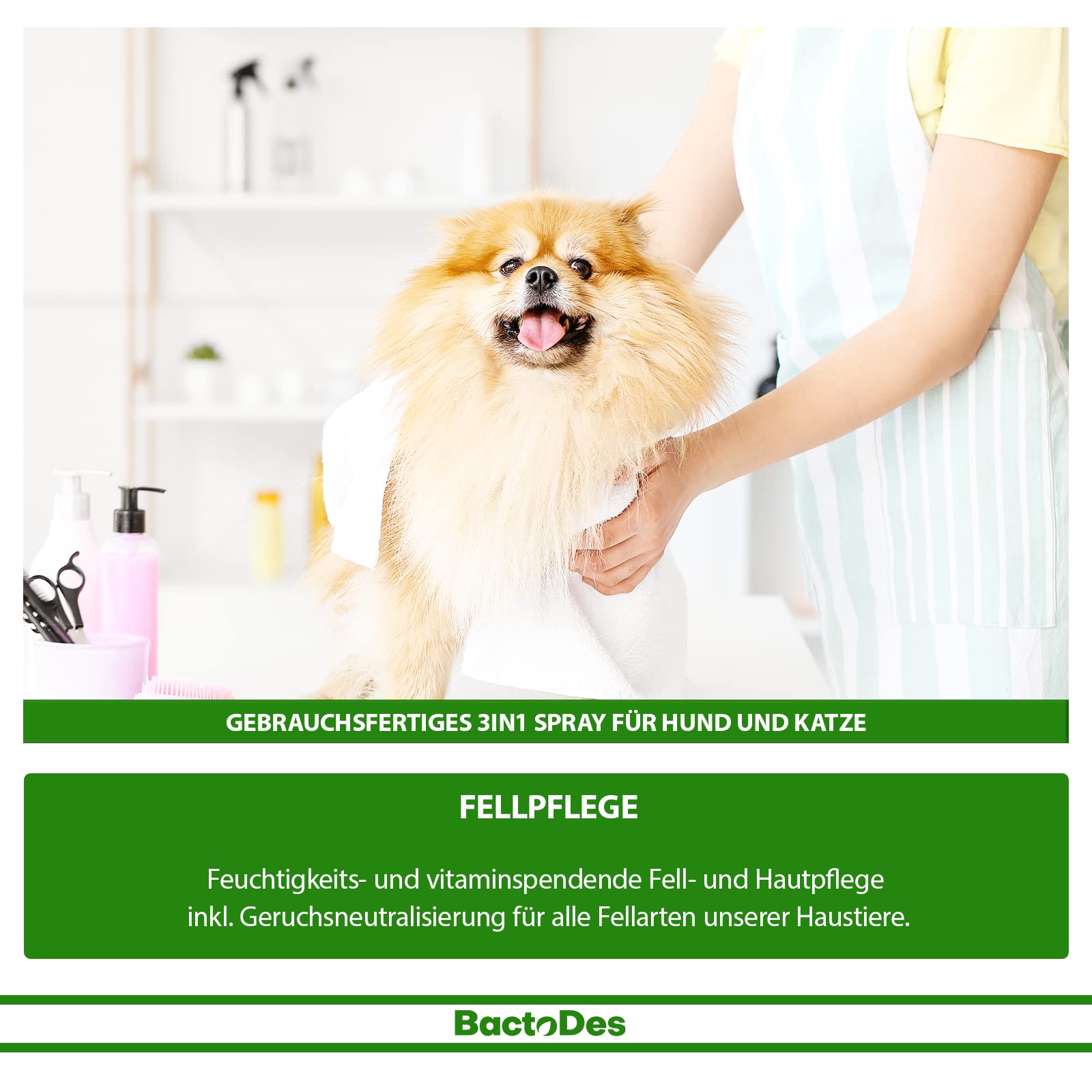 BactoDes Ready Fellpflegespray 6 x 200ml I 3in1 Pflege für Hunde & Katzen mit Mikroorganismen I Glänzendes Fell, gesunde Haut & natürliche Geruchsneutralisierung I Ideal bei empfindlicher Haut