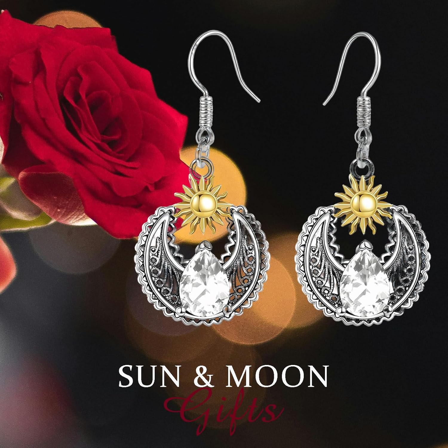 Sun Moon Earrings 925 Sterling Silver Vintage Oxidized Leverback Dangle Drop Earrings with 8 * 6mm CZ Birthday Jewelry Gifts for Women Her - Image 3