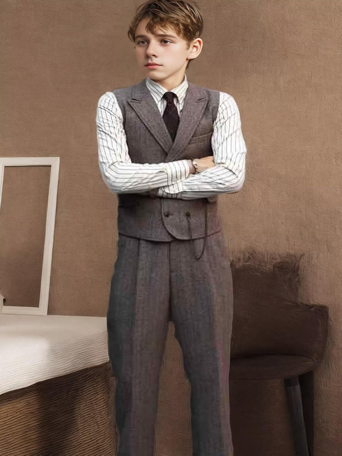 Boys Tweed Herringbone 3 Piece Suit Slim Fit Formal Tuxedo for Kids Prom Dance Suit Jacket Vest Pants Sets