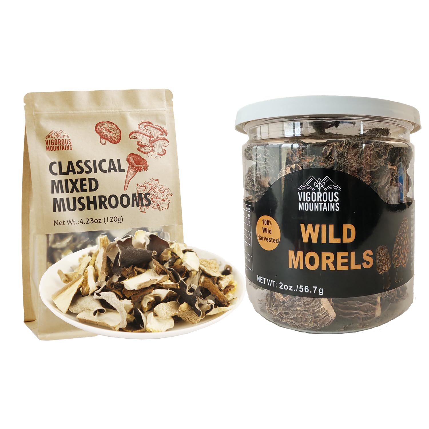 VIGOROUS MOUNTAINS Dried Mixed Mushrooms Blend and Dried Wild Morel Mushrooms 2oz, 56.7g