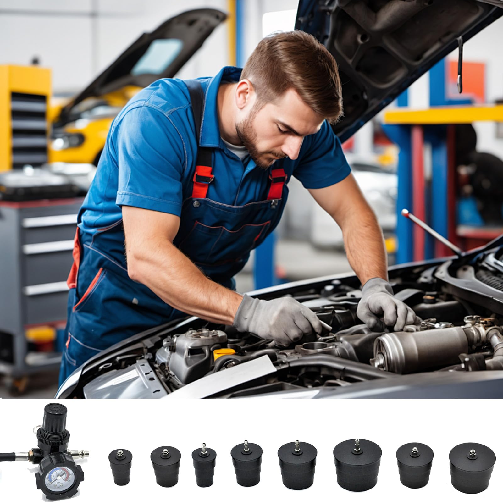 9pcs Probador Fugas del Turbo, Adaptador de Sistema de Aire de Carga del Turbocompresor, Kit de Prueba de Lubina de Refuerzo con Un Probador de Manómetro, Adaptador de Enfriador
