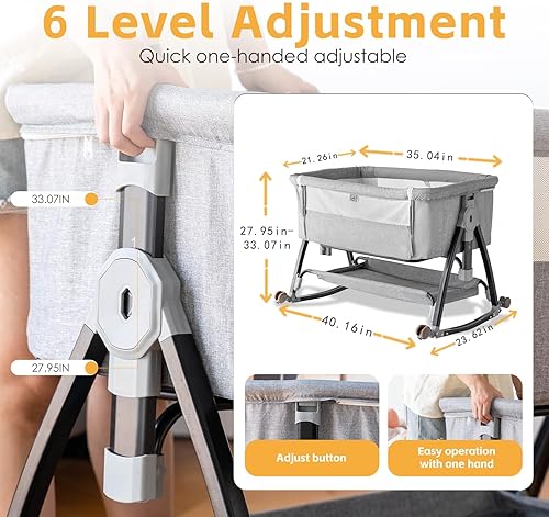 Miniatura 5 de Cuna de noche, moisés 3 en 1 con ajuste rápido de altura y mosquiteras mecedora para bebé, moisés con ruedas, fácil de plegar, estructura triangular