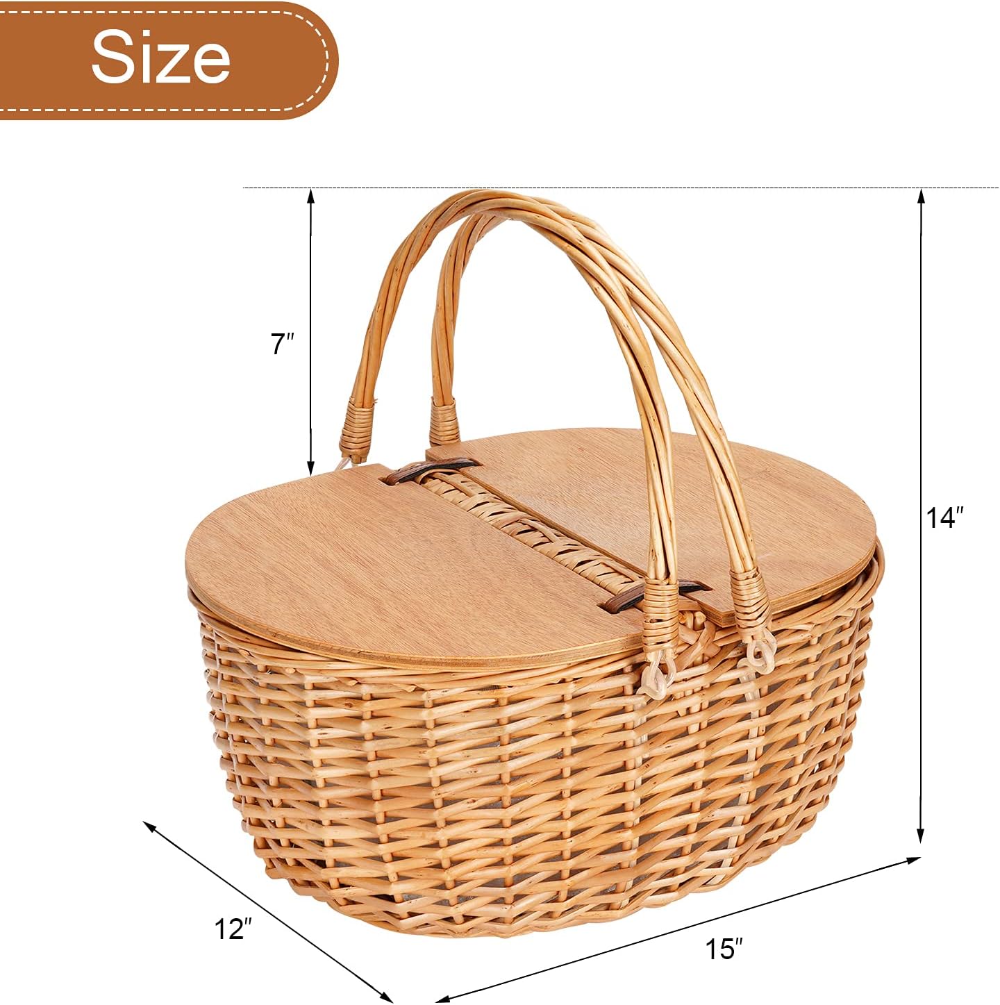 Wicker Picnic Basket with Cooler, Wooden Split Lid Picnic Basket, Vintage-Style Wicker Picnic Hamper with Folding Woven Handle for Picnic, Camping, Outdoor, Valentine Day, Thanks Giving, Birthday - Image 7