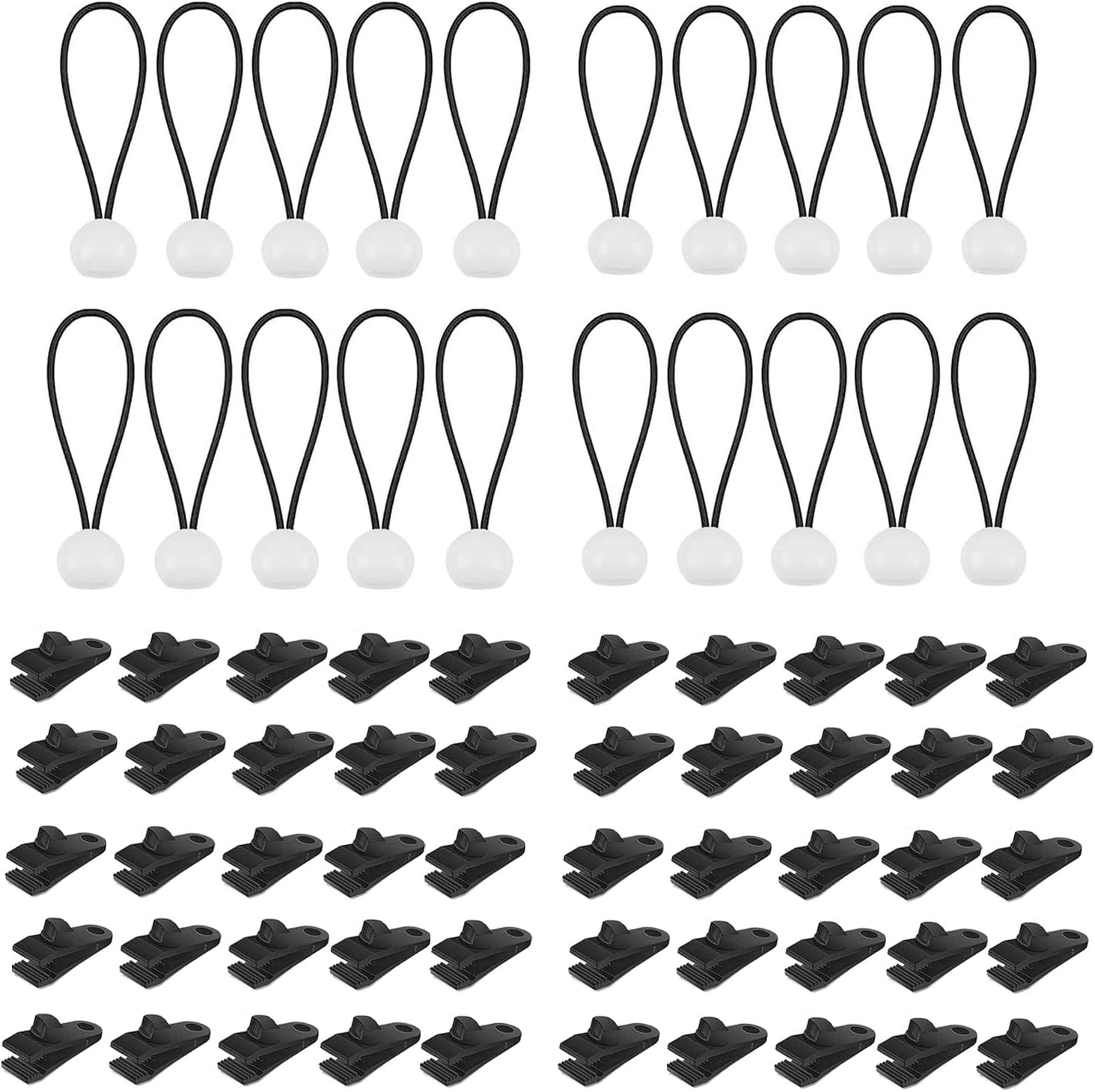 50pcs Heavy Duty Clips and 20pcs White Bungee Cords,for