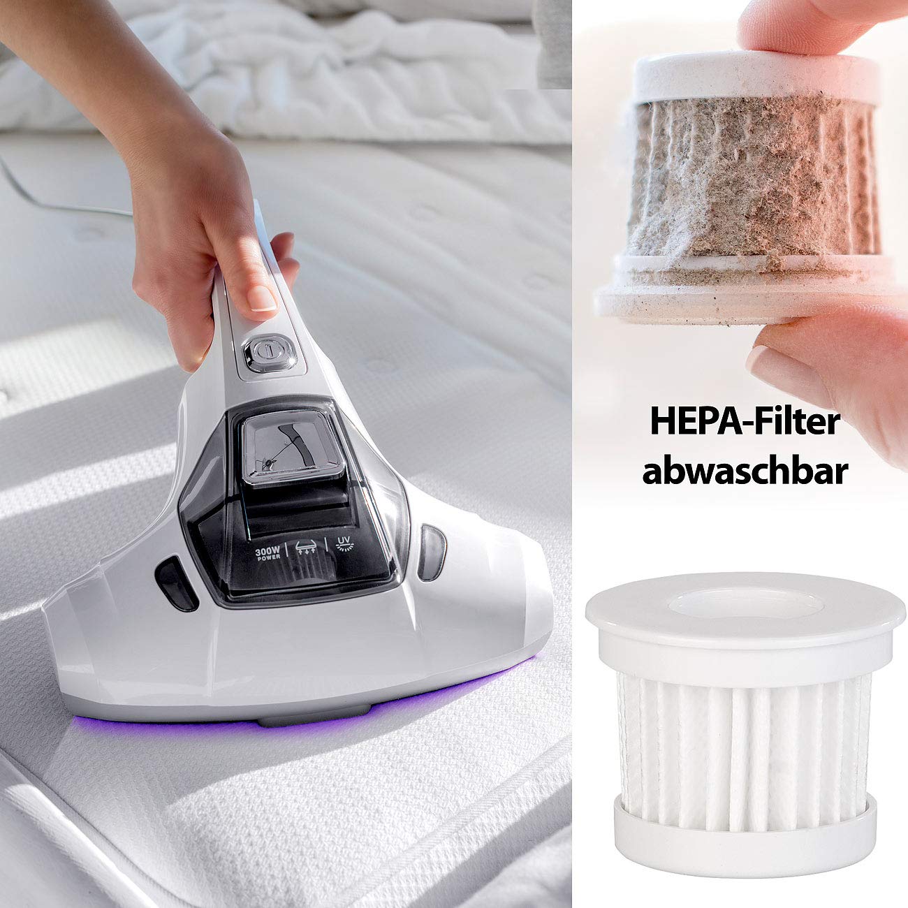 Sichler Haushaltsgeräte Milbenstaubsauger 2in1 UV-C-Flächendesinfektion Vibration HEPA-Filter