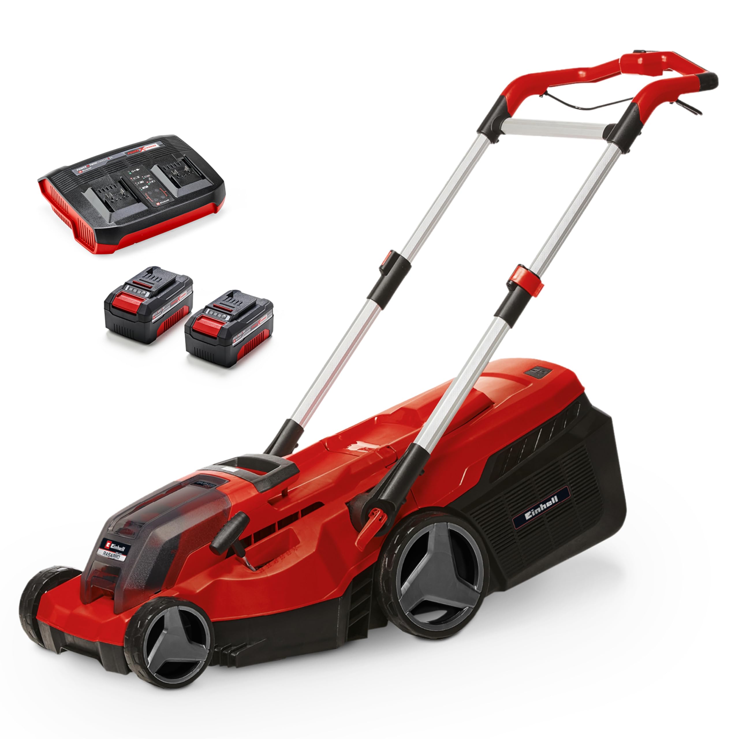 Einhell Akku-Rasenmäher RASARRO 36/38 Kit Power X-Change (36 V, 38 cm Schnittbreite, 450 m², Brushless, Mulchfunktion, 45L Fangkorb, inkl. 2X 4,0 Ah Akkus + Twincharger)