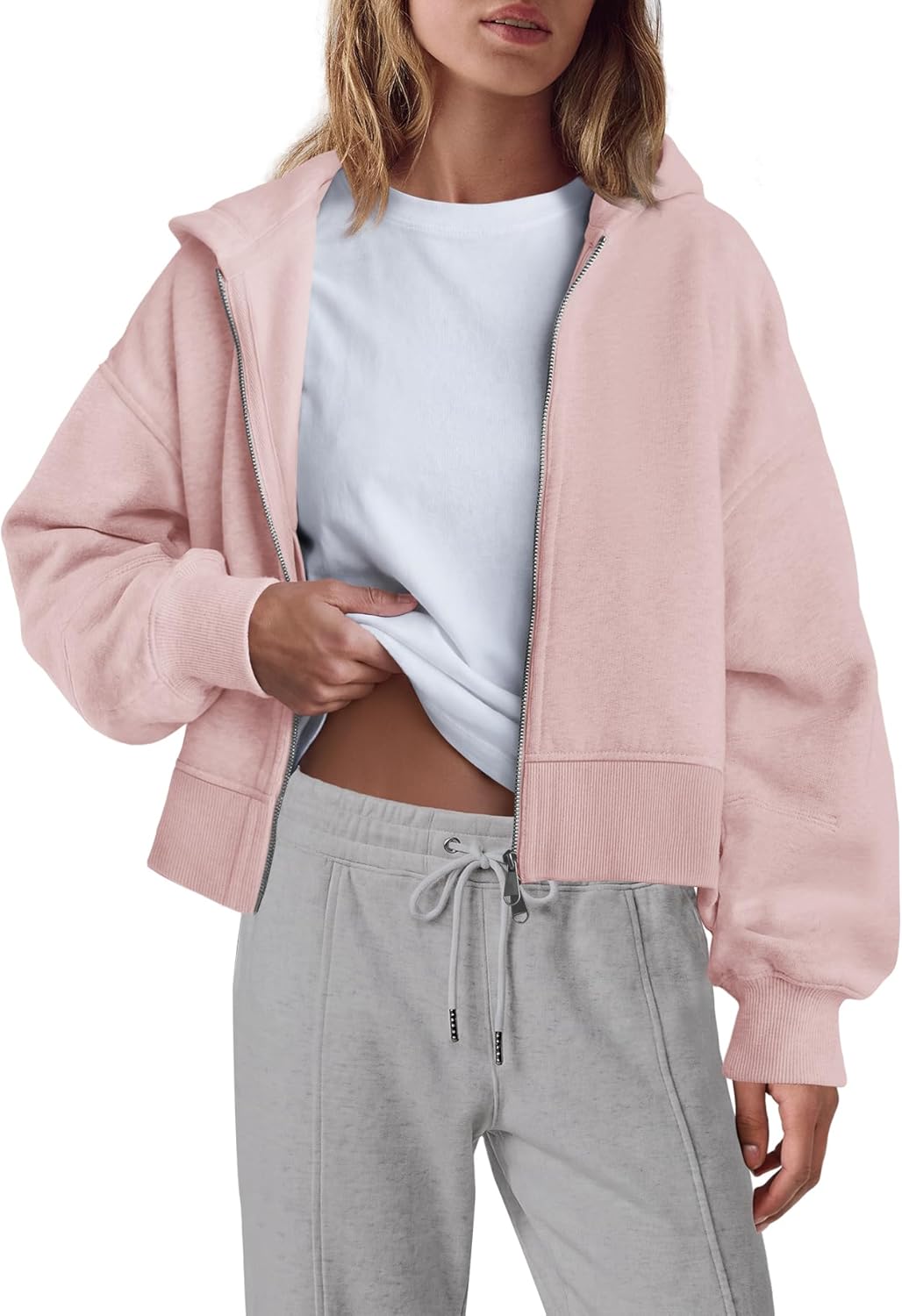 Yanekop Womens Cropped Hoodie Oversized Zip Up Hoodies Casual Gym Cropped Jacket Hooded Sweatshirt with Pockets
