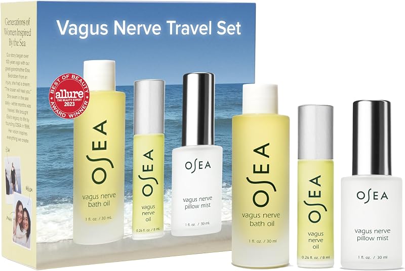 Juego de viaje para el nervio vago, regalo de spa de bienestar de 3 piezas, aromaterapia | Aceite esencial • Aceite de baño • Bruma para almohadas • Manzanilla, lavanda + baya de enebro • Relájese y prepárese para dormir • Juego de spa listo para regalar