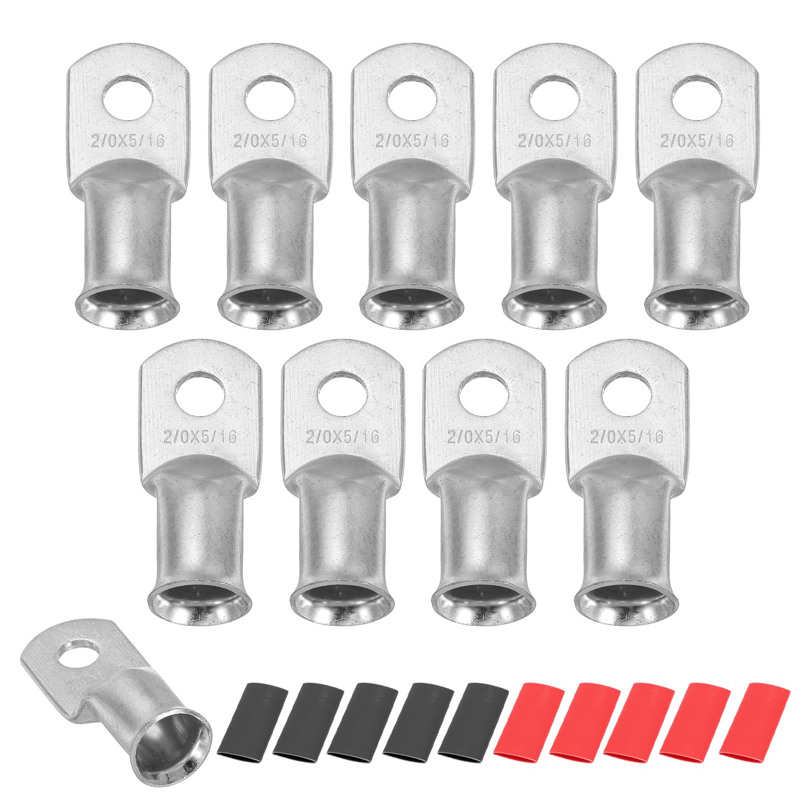 sourcing map 10pcs 2/0 AWG M8 Battery Lugs Ring Terminals, 5/16" 8mm Stud Crimp Wire Terminal Connector End Copper, 2:1 Heat Shrink Tubing, Silver