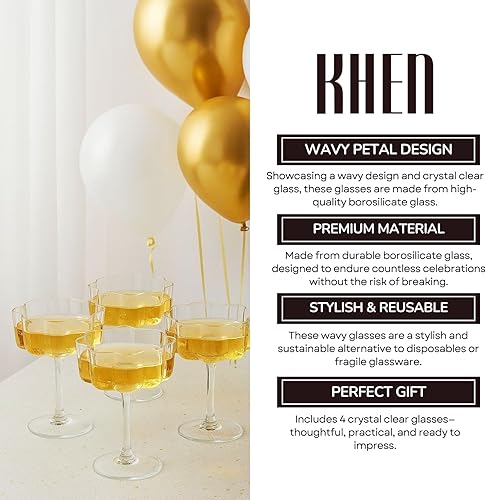 Miniatura 6 de Flower - Juego de 4 copas de vidrio onduladas vintage de pétalos ondulados de 7 onzas, copas onduladas y de champán, Prosecco, Martini, Mimosa,