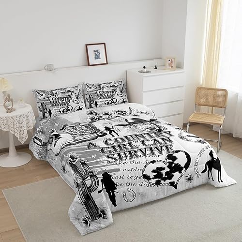 Miniatura 10 de Juego de ropa de cama de vaquero occidental, tamaño Queen para niños y niñas, caballo salvaje, vaca, animales, 3 piezas, boceto, marrón, blanco,