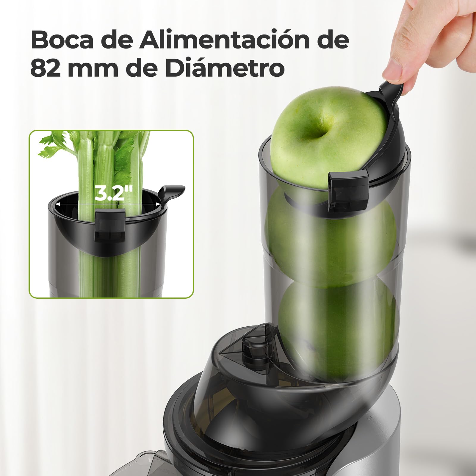 AIRMSEN Extractor de Zumos y Verduras, 82MM Apertura Extractor de Jugo para Verduras y Frutas Enteras, Licuadora Prensado en Frío Slow Juicer Sin BPA, Fácil de Instalar, 150W (Plata)