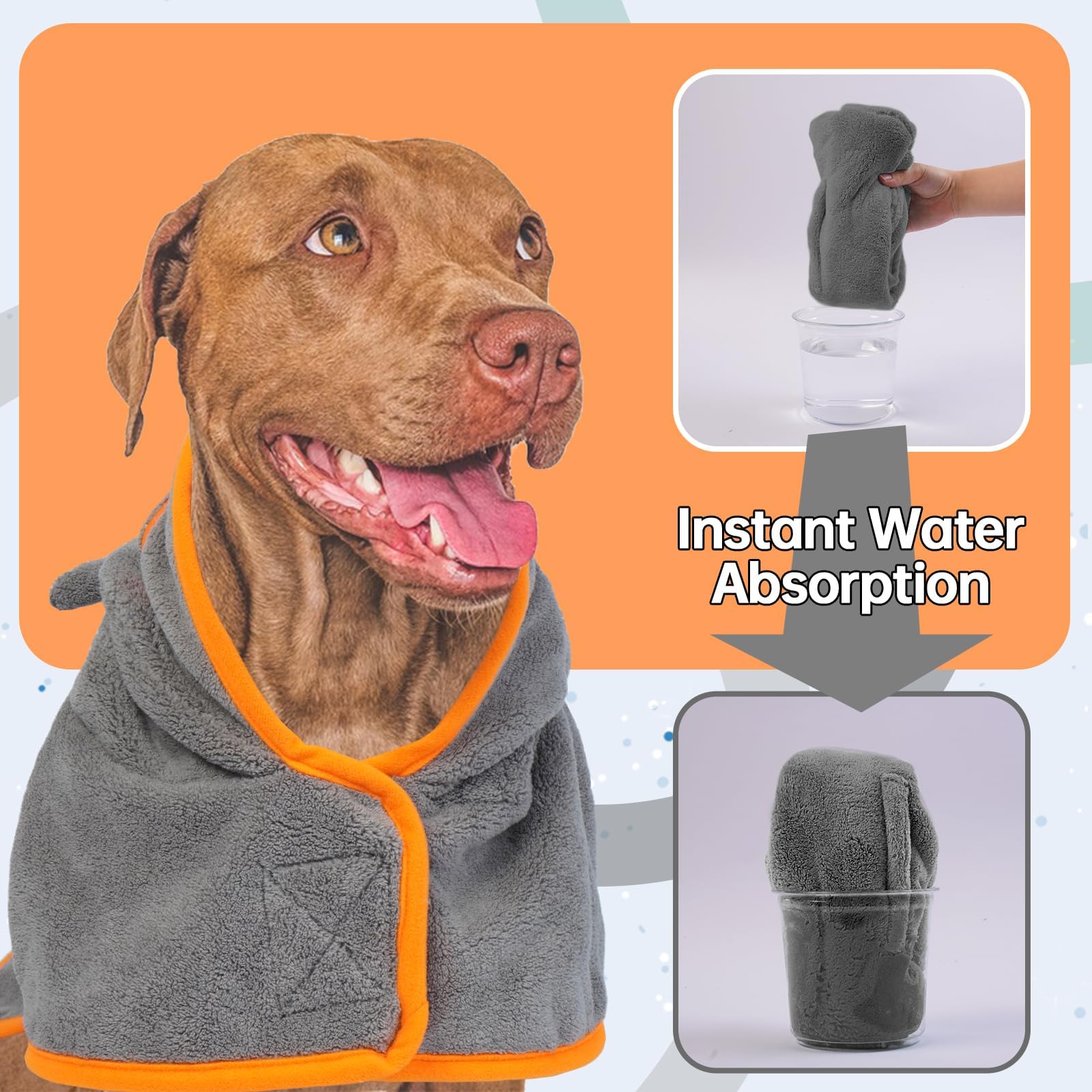 Hundetrocknungsmantel, Hundemantel zum Trocknen von Hunden, graue Hundetücher für große Hunde, Mikrofaser Hunderobe mit Kapuze, verstellbare Bauchgurte für Golden Retriever, Labrador 2XL