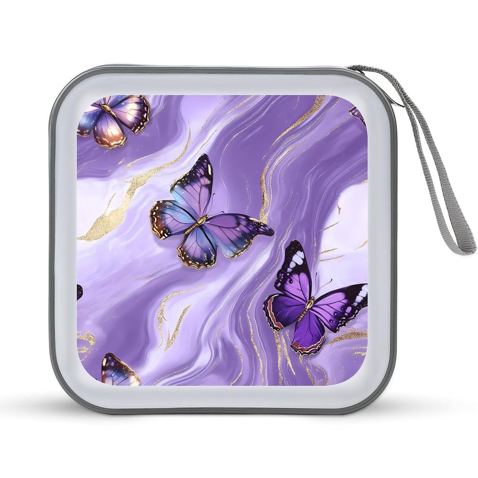 Purple Marble Butterfly CD Case Portable DVD Holder Storage Organizer for Home Travel