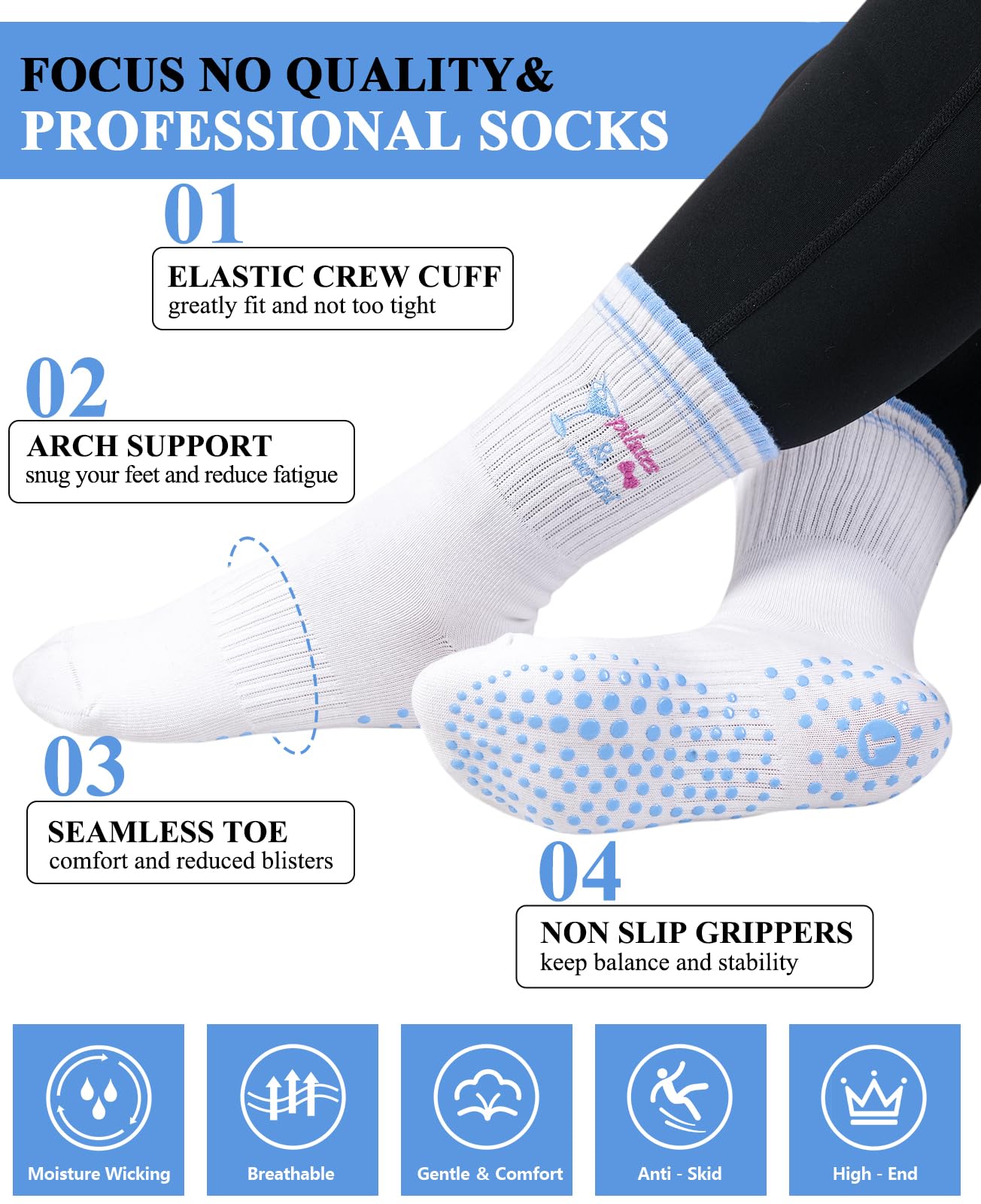 floconssy Pilates Socks for Women, White Grip Yoga Crew Non Slip Embroidery Socks for Barre Workout Hospital Slipper Blue