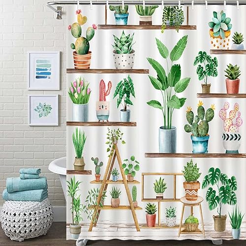 Miniatura 5 de Juirnost Cortina de ducha de plantas verdes de granja, cortina de ducha bohemia con plantas en maceta para baño, cactus suculentas, decoración para