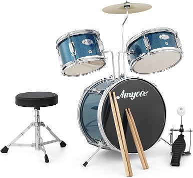3-Piece Kids Drum Set - 1 Wood/Metal Drums Complete Beginner Kit with Jazz Rock Includes Bass Drum, 2 Toms, Cymbal, Drum Sticks, Bass Pedal and Stool, Good Gift for Child, Blue