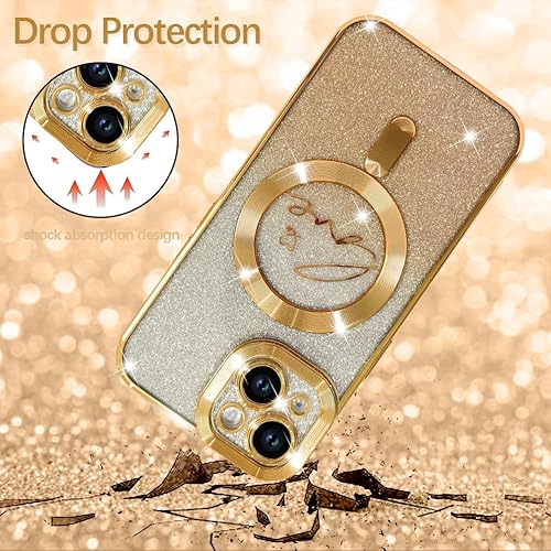 Miniatura 3 de ZIYE Funda magnética diseñada para iPhone 15 con purpurina, chapado de lujo, diseño de corazón de amor, compatible con MagSafe, funda transparente