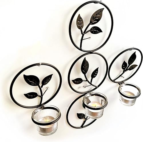 Miniatura 1 de Lily's Home Art Deco Leaves - Aplique de pared para velas de té, acero, negro, juego de 3. Portavelas de vidrio transparente
