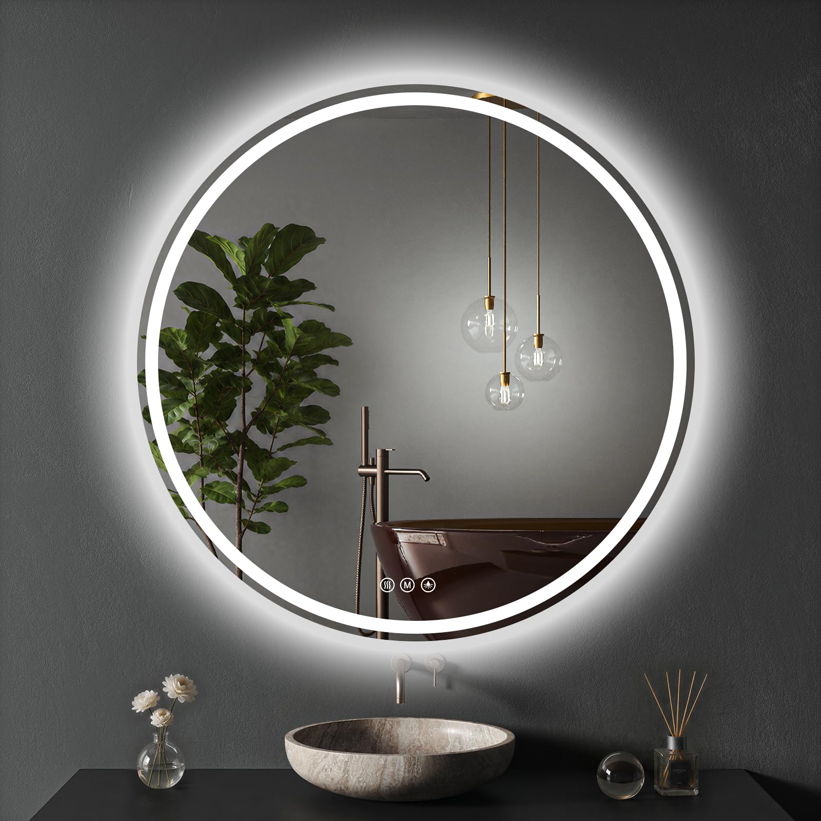XRAMFY Badspiegel mit Beleuchtung 90cm*90cm, Antibeschlag, Rund Badezimmerspiegel mit Beleuchtung LED, 3 Lichtfarben, Dimmbar