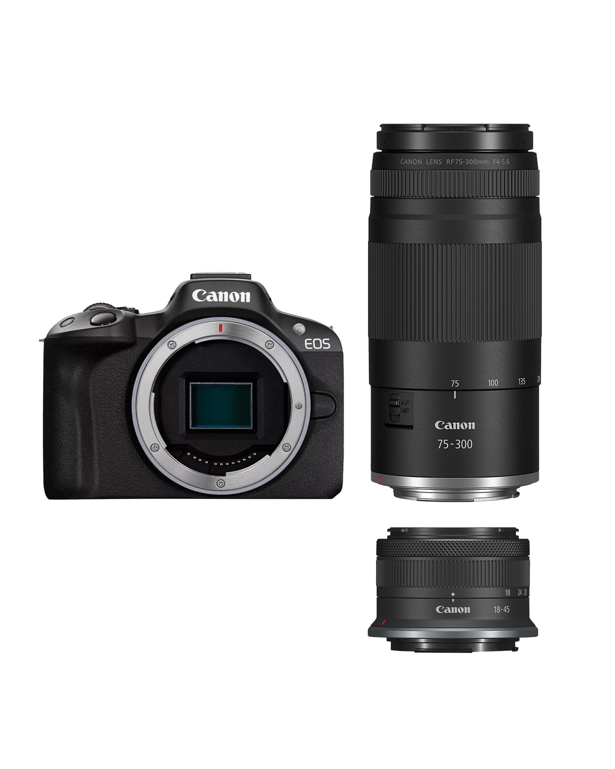Canon EOS R50 Cuerpo Cámara Mirrorless + Objetivo RF-S 18-45 mm + RF 75-300mm Kit Doble Zoom -4 EV, Vídeo 4K 30 fps, Dual Pixel CMOS AF II, Pantalla Táctil de Ángulo Variable, Negro