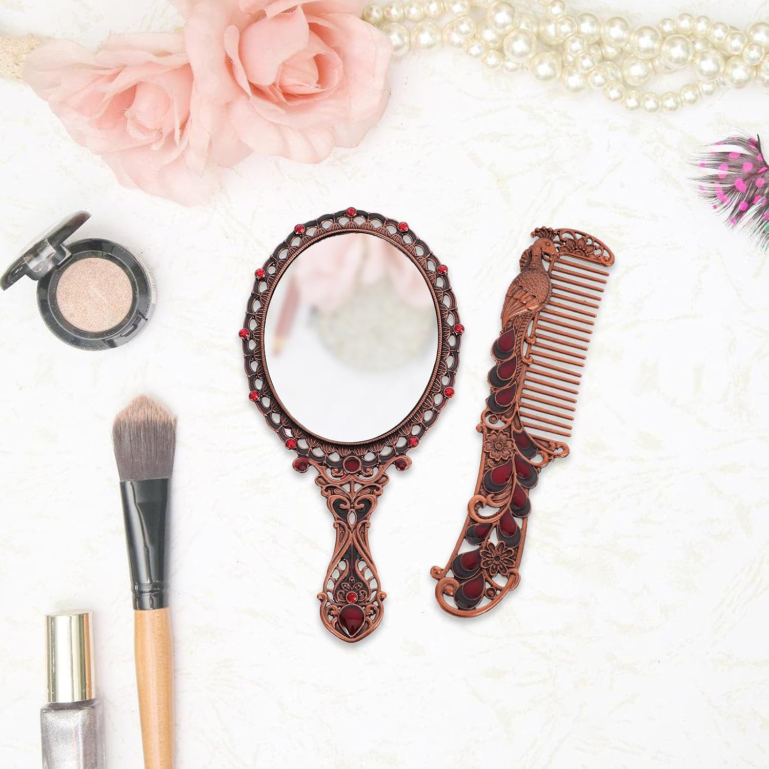 Alipis Vintage Handheld Vanity Mirror with Comb Set, Red Hollow Rose Handle Makeup Mirror for Women Travel and Outdoor Use, Unique Cosmetic Accessory image 5