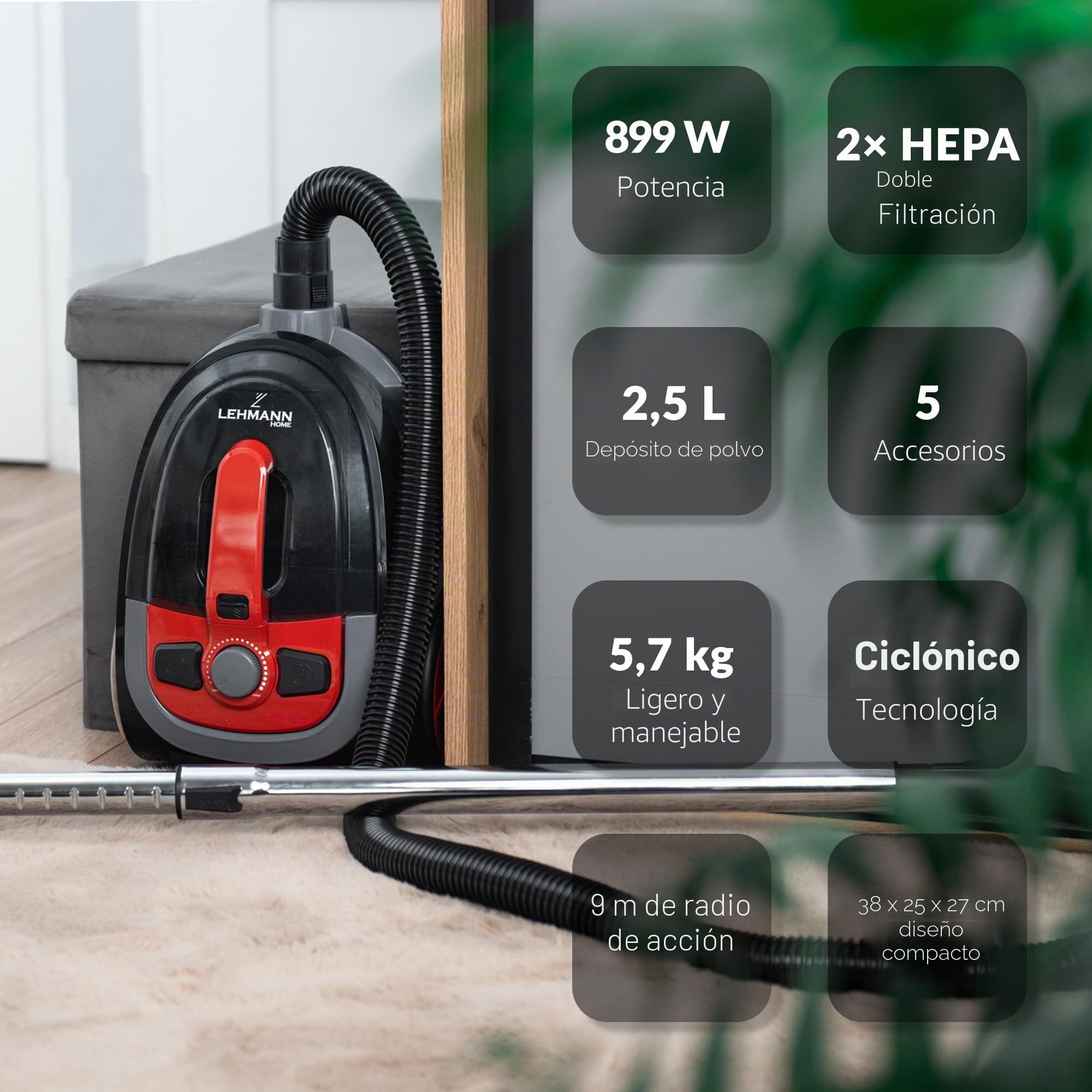 Lehmann Typhoon Aspiradora sin Bolsa, ciclón, con Juego de Accesorios, Potente aspiradora con Juego de boquillas, Filtro HEPA, Cepillo Turbo, depósito de Polvo de 2,5 L
