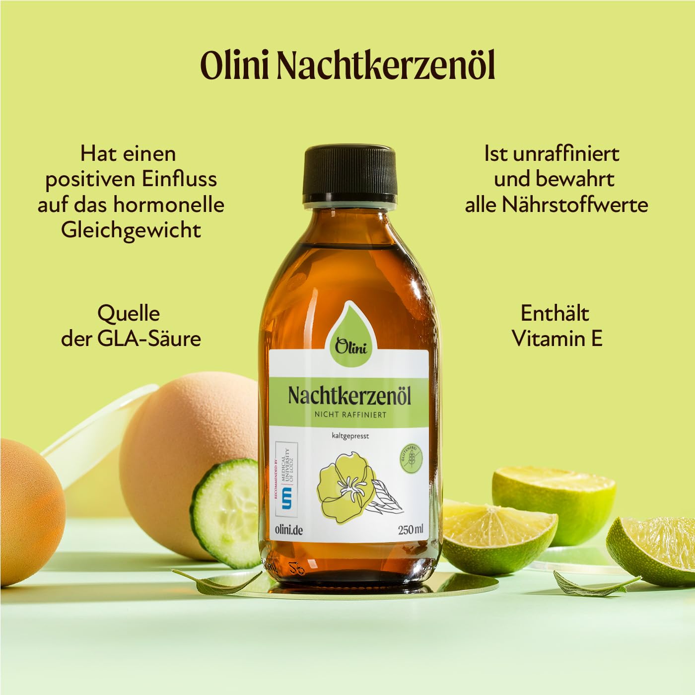 OLINI Nachtkerzenöl 250 ml Direkt aus der Ölmühle, Glasflasche, Kaltgepresst, Unraffiniert, Unbehandelt, Reich an Omega-6, Omega-3, Vitamin E, Gamma-Linolensäure GLA, Veganerfreundlich