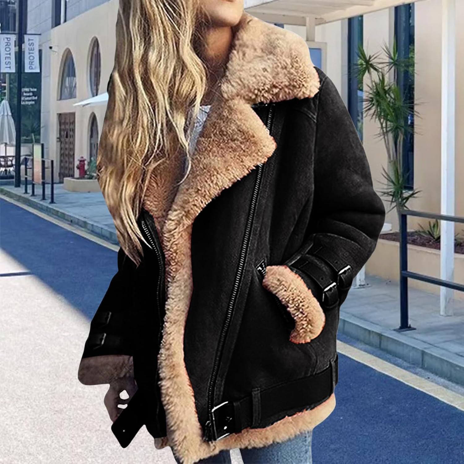 Women Sherpa Lined Coat Lapel Zip Up Plus Size Winter Coats Faux Suede Leather Jacket Thicked Biker Motor Fuzzy Jacket - Image 3